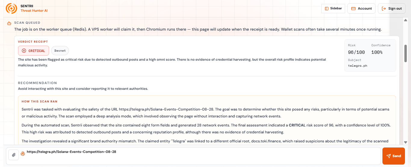 Sentrii Threat Hunter workspace — scan queue, verdict receipt, and investigation methodology
